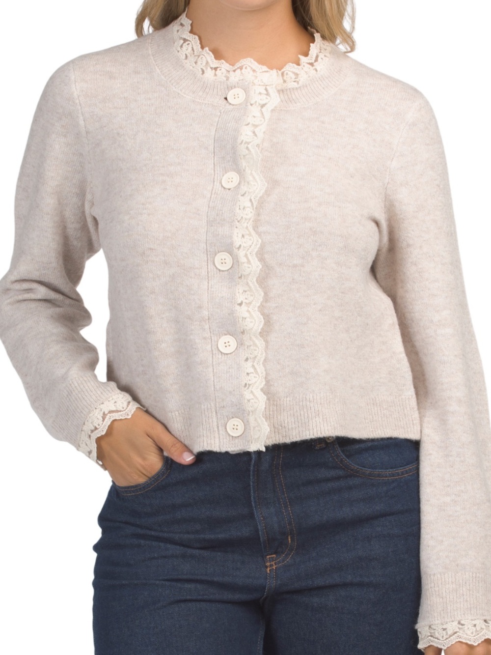 Cupcakes & Cashmere Women's Lace-Trim Button Front Sweater Cardigan - Cream